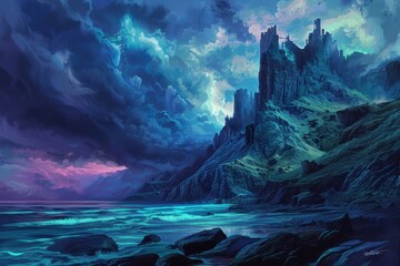 Fototapeta premium Mysterious Coastal Fortress Under a Stormy Sky
