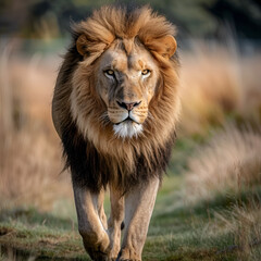 Strong and confident lion on a hill A male lion is sitting looking for his area He looks so gorgeous, majestic drone shot looking down on a male lion, Generative Ai