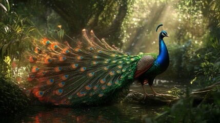 A stunning peacock displaying its vibrant feathers in a lush jungle setting. This photograph captures the beauty of nature and wildlife in a tranquil atmosphere. Perfect for art lovers. AI © Irina Ukrainets