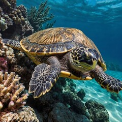 Fototapeta premium Realistic photo of a turtle in the sea with a beautiful coral reef background.