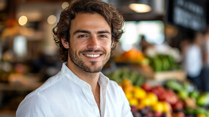 Fototapeta premium Young man with wavy brown hair in white shirt, smiling, stall with vegetables and fruits in background, health concept