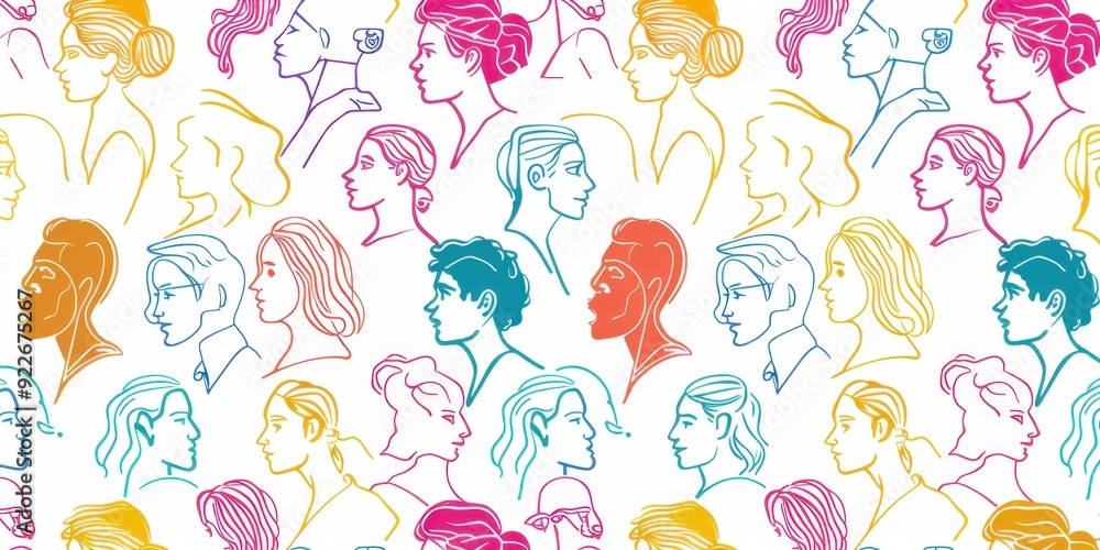 Poster pattern of simple line drawings of people in profile, with colorful lines on a white background gene