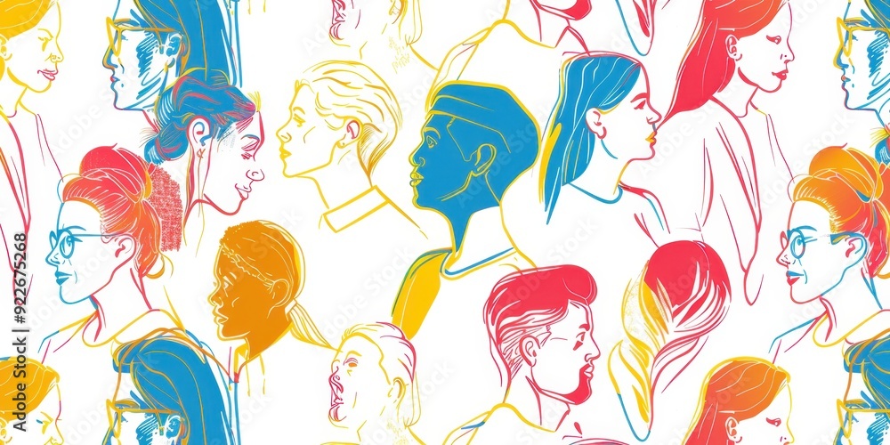 Poster pattern of simple line drawings of people in profile, with colorful lines on a white background gene