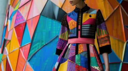A model stands gracefully beside a colorful mural, highlighting her unique, patterned dress