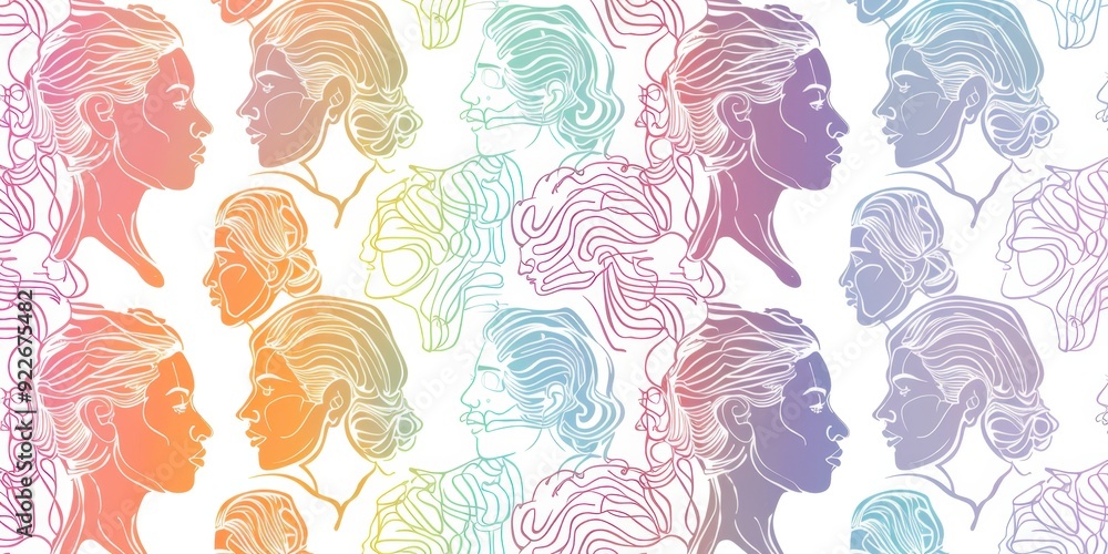 Poster pattern of colorful line drawings depicting profile silhouettes, representing diversity and unity in