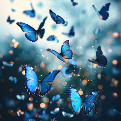 blue butterflies isolated on white background Blue flying butterfly's Large white butterflies Pieris brassicae in flight low angle view, Generative AI
