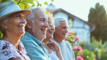 Group elderly people various ethnicities smiling enjoying time together outdoors garden