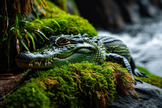 An image of a crocodile resting near the water's edge, its watchful eyes and stillness showcasing its patient and stealthy nature as a predato