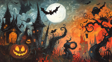 Hand-painted Halloween drawing with intricate designs featuring whimsical monsters, magical spells, and enchante
