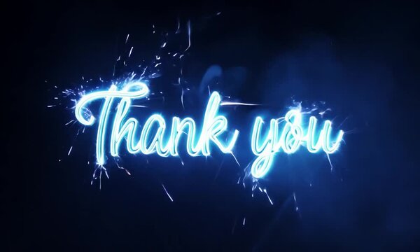 Word Thank you, text animation, electric energy effect with dark cinematic and smoky atmosphere with electric bolts and sparks. 
