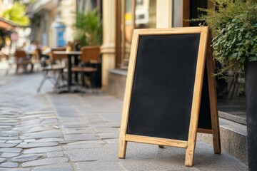 Wooden blackboard sign mockup on a busy cobblestone street