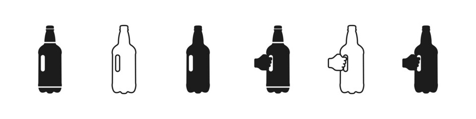 Set of vector bottle icons. Plastic beer bottle icon. A bottle with a handle. Ergonomics inspired the logo. A hand holding a bottle of a selection of icons.