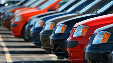 Obraz premium A row of cars are parked in a showroom. The cars are of different colors and sizes A row of cars are parked in a showroom. The cars are of different colors and sizes, Generative Ai