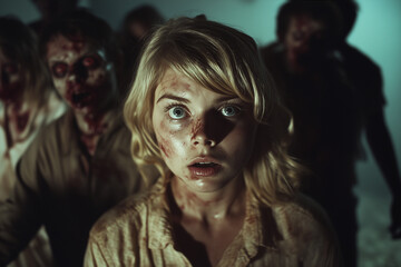 A beautiful blonde woman runs away, terrified, from a group of decaying zombies, capturing the intense horror and fear of a zombie apocalypse in vivid detail.