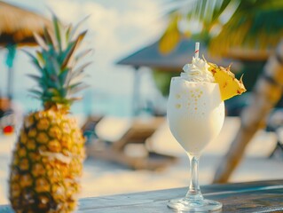 A delicious pina colada served in a glass on a sandy beach, accompanied by a fresh pineapple slice.