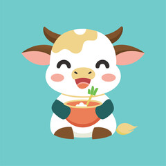 cute cow eats ramen surprised face vector isolated