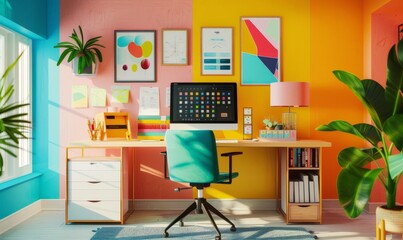 Vibrant home office with creative storage solutions and colorful decor