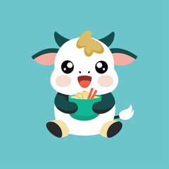 cute cow eats ramen surprised face vector isolated