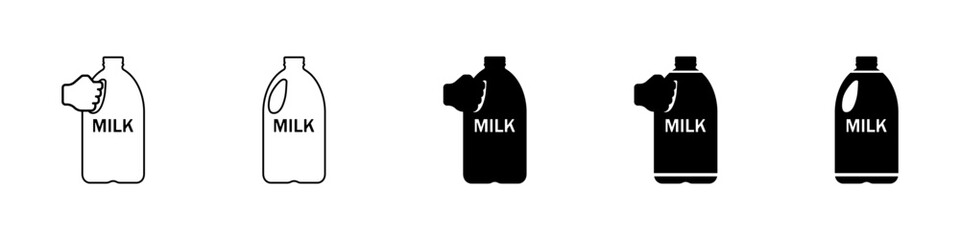 Milk bottles icons set. Gallon of milk vector icon. Hand holding a bottle of milk vector. Simple icons of dairy products vector. Vector illustration.