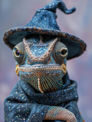 A chameleon dressed as a wizard with a sparkling blue hat and cloak.