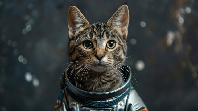Tabby cat in a spacesuit looking curious and adorable.