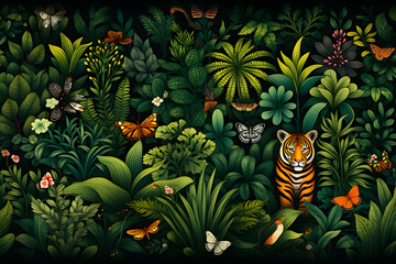 Obraz premium jungle wallpaper background illustration, wallpaper illustration jungle style, tropical jungle vibe