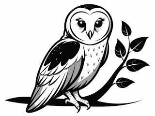 Chouette perché sur branche en noir et blanc