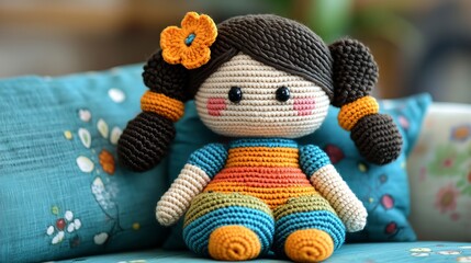 Crocheted doll with colorful attire sitting on a patterned couch