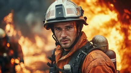 Naklejka premium Firefighter battling flames during a wildfire in a forested area