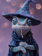A chameleon wearing a wizard hat and robe with a magical, whimsical vibe.