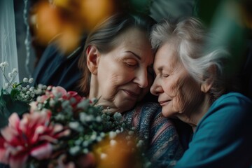 Obraz premium Two older women holding each other affectionately