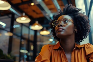 Obraz premium A focused African-American professional in an office setting, dressed professionally and wearing glasses.