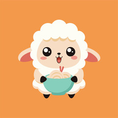 cute sheep eats ramen surprised face vector isolated