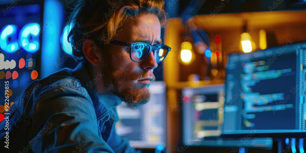 Poster man working at computer, focused on digital screen.