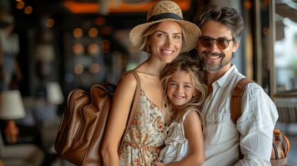 Happy family booking summer vacation trip using 3d model of phone with empty white screen isolated on blue background. New app, holiday, travel, ad concept On-line shopping, travel. ai generated