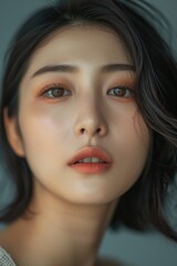 Obraz premium Asian woman with vibrant makeup and hair, looking off to the side with a soft expression.