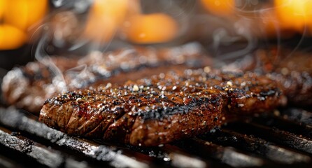 Grilling Juicy Steak on a Charcoal Barbecue in the Evening