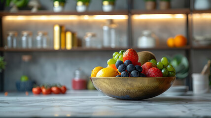 A bowl of assorted fresh fruits on a kitchen counter.