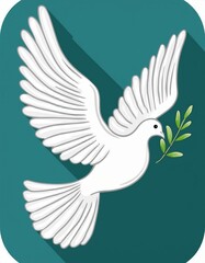 Obraz premium Simple dove flying with open wings, holding an olive branch. International Peace Day Vector illustration 