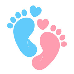 Foot prints icon. Pink and blue baby footprints icon with heart shape, isolated on white background. Vector illustration