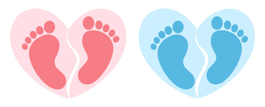 Foot prints icon inside in heart. Pink and blue baby footprints icon with heart shape, isolated on white background. Vector illustration