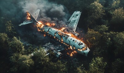 Burning airplane wreckage in the forest. Aerial view. Aviation disaster and air accident concept. Aircraft crash in flames. Emergency response