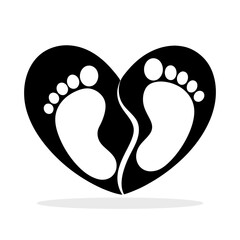 Foot prints icon inside in heart. Black baby footprints icon with heart shape, isolated on white background. Vector illustration