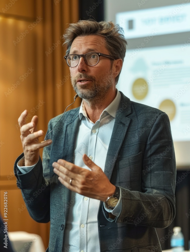 Poster man giving a presentation with gestures, standing at a podium in front of an audience.