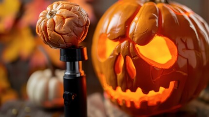 Halloween decorations with carved pumpkin and spooky props at night