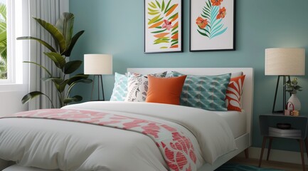 Cozy Bedroom Decor With Floral Bedding and Light Blue Walls