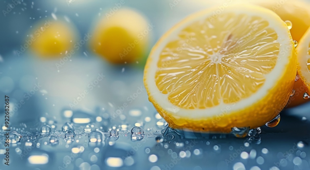 Poster fresh lemon slice on table with water droplets and soft lighting
