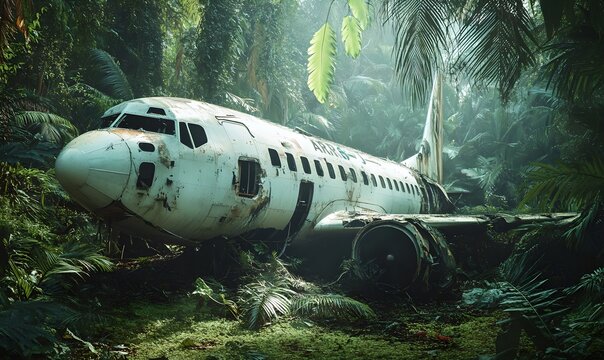 Airplane ruins in the jungles. Crashed plane wreck in forest. Aviation disaster and air accident concept. Abandoned wrecked aircraft. Exploration and adventure concept - Powered by Adobe