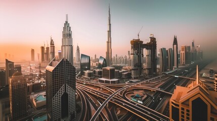 Obraz premium A stunning skyline view of a modern city at sunset. Tall buildings reflect vibrant colors. This urban landscape captures the essence of contemporary architecture and growth. AI