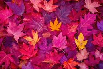 A vibrant autumn leaves in various shades of purple, red, pink and yellow as a background for design. Fall season banner. 